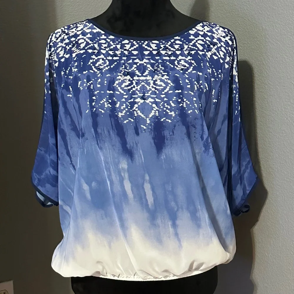 A. Byer Blouse Medium Blue‎ Ombre Beaded Dolman Top Boho Batwing Festival